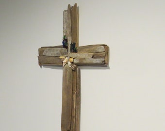Elegant Driftwood Christian Cross Enhanced with sea glass and sea shells (by apresto)  Free Shipping