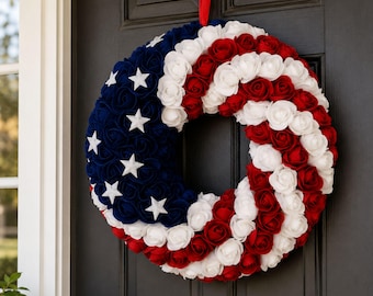 Patriotic Boxwood Wreath, 13 Inch Red White Blue Americana Wreath, 4th of July Front Door Decor, Memorial Day Wall Hanging