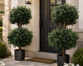 Set of 2 Artificial Boxwood Double Ball Topiary Trees 35", UV Resistant Faux Greenery for Porch Patio Entryway Decor