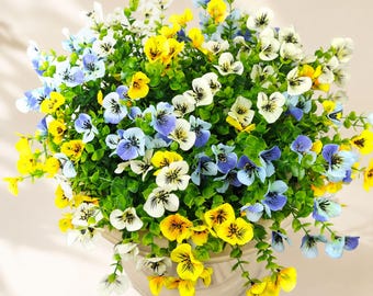 Artificial Pansy Flowers 12 Bundles, Blue Yellow White Faux Silk Flowers, UV Resistant Outdoor Plants for Porch Planter, Garden, Patio