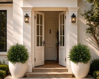 2 Artificial Cedar Topiary Trees with Ground Spikes, UV Resistant Faux Evergreen Pine Shrubs for Porch Planters Decor