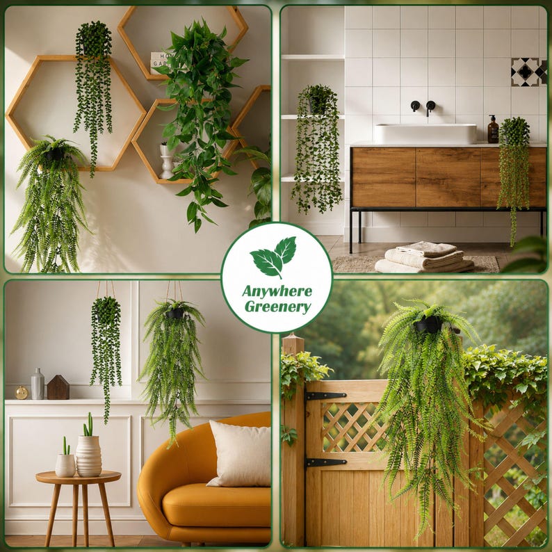 May include: A collection of artificial hanging plants featuring various green foliage styles, including string of pearls and ferns, displayed in indoor and outdoor settings. A central circular logo displays two leaves and the text Anywhere Greenery.