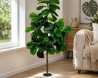 Artificial Fiddle Leaf Fig Tree, Faux Indoor Floor Plant, Realistic Ficus Tree with White Planter for Home, Office & Living Room Decor