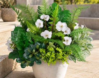 Artificial Outdoor Fern Plants UV Resistant Faux Greenery with White Flowers, 8 Pcs Fake Plants for Planters, Porch Garden Patio Decor