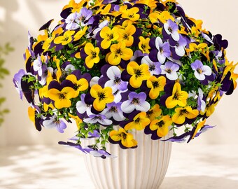 Artificial Pansy Flowers, UV Resistant Faux Pansies, Purple Yellow White Outdoor Flowers, Spring Porch Decor, Planter Filler,