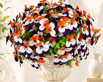 Artificial Pansy Flowers, Faux Orange White Purple Pansies, UV Resistant Outdoor Flowers, Spring Porch Decor, Window Box Filler