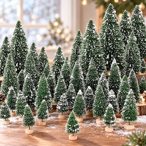 30 Mini Bottle Brush Christmas Trees with Wooden Bases, Snow Flocked Tabletop Trees, Assorted Sizes for Winter Village Decor and DIY Crafts