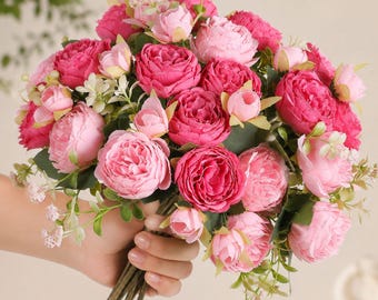 Artificial Peony Flowers 2 Bunches, Pink Silk Peony Bouquets, Realistic Faux Flowers for Wedding Centerpieces, Bridal Decor