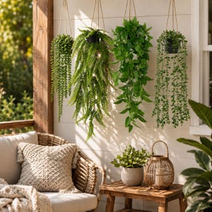 May include: Four artificial hanging plants in black pots suspended by jute ropes against a white wall. The plants include a string of pearls, a fern, a leafy green vine, and a trailing succulent. Below sits a small potted plant and a rattan lantern.