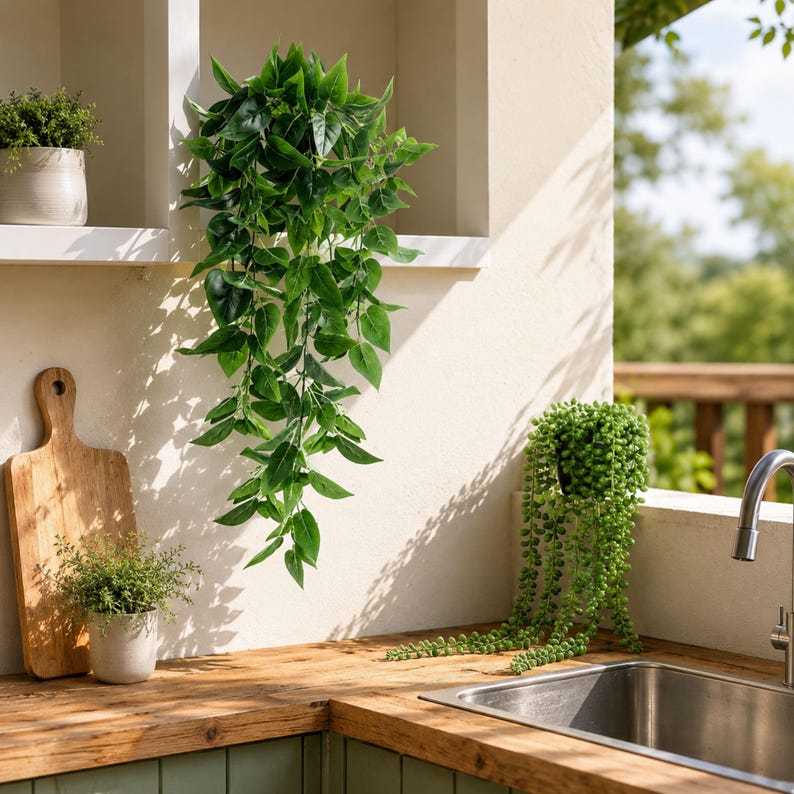 May include: A hanging artificial plant with vibrant green pointed leaves cascading downwards. The plant features multiple stems with detailed foliage, creating a lush appearance. It is displayed against a light-colored wall in a kitchen setting.