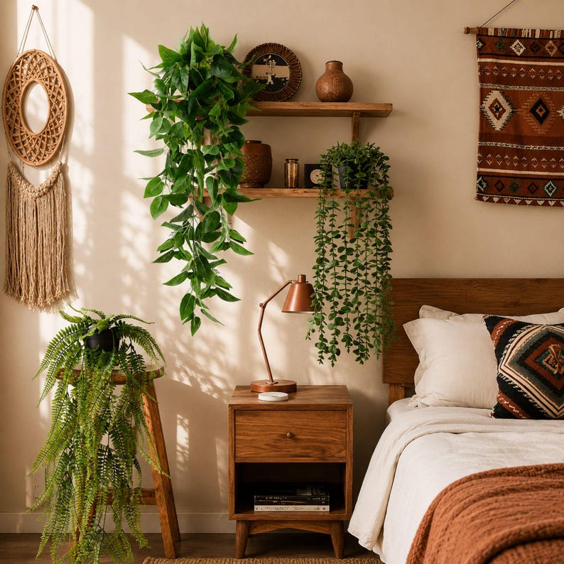 May include: A bedroom interior featuring a wooden nightstand with a copper lamp, two wooden wall shelves holding decorative items and trailing green plants, a tall wooden stool with a fern, a macrame wall hanging, and a patterned wall tapestry.