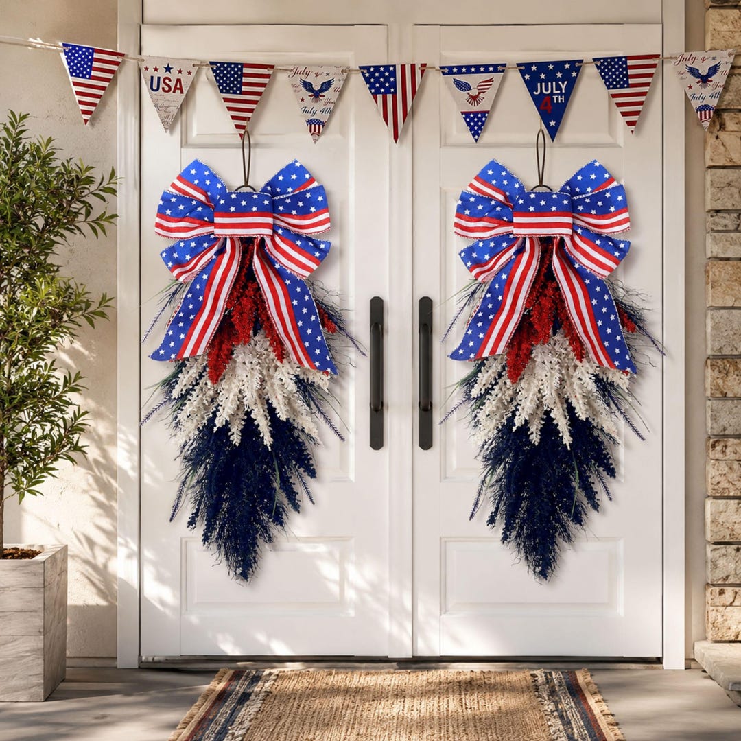 2 Patriotic Door Swag, 4th of July Front Door Decor, Red White Blue ...