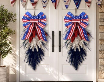 2 Patriotic Door Swag, 4th of July Front Door Decor, Red White Blue Memorial Day Hanging Swag with American Flag Bow