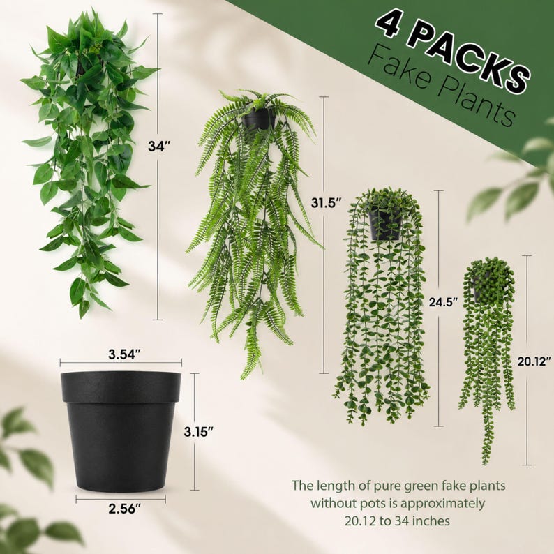 4 Pack Hanging Artificial Plants in Black Pots, Faux Eucalyptus Ivy Fern & String of Pearls for Boho Home Wall Decor image 2