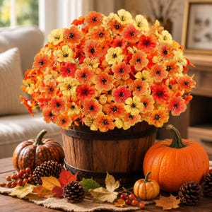 Puede incluir: Un cubo de madera rústico lleno de un denso arreglo de flores artificiales en tonos amarillos, naranjas y rojos. El conjunto está rodeado por dos grandes calabazas naranjas, una calabaza más pequeña, piñas y hojas de otoño esparcidas.