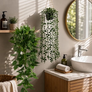 May include: Two artificial hanging plants with vibrant green leaves. One plant features broad, pointed foliage cascading from a shelf, while the other is a trailing succulent with small, round leaves suspended in a black pot by a thin rope.