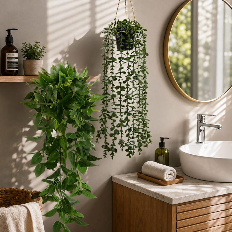 May include: Two artificial hanging plants with vibrant green leaves. One plant features broad, pointed foliage cascading from a shelf, while the other is a trailing succulent with small, round leaves suspended in a black pot by a thin rope.