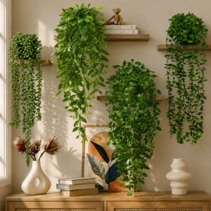 Può includere: Quattro piante artificiali sospese con foglie verdi vivaci e viticci ricadenti esposte su mensole a muro. La collezione include una pianta a rosario, due piante a foglia larga e una pianta rampicante, disposte accanto a libri e vasi.