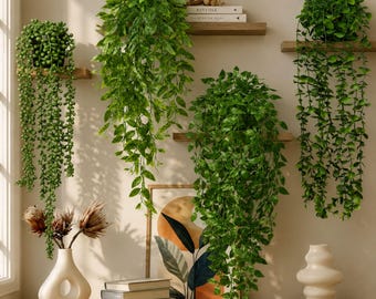4 Pack Artificial Hanging Plants with Pots, Faux Eucalyptus Vine & String of Pearls, UV Resistant Indoor Outdoor Greenery Decor