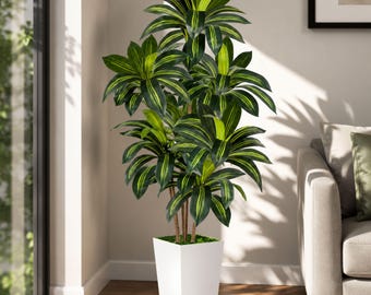 Artificial Dracaena Tree, Faux Indoor Floor Plant, Realistic Potted Tropical Tree for Home, Office, Living Room & Entryway Decor