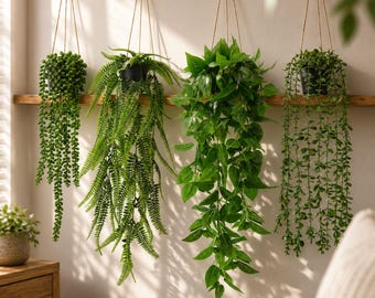 4 Pack Hanging Artificial Plants in Black Pots, Faux Eucalyptus Ivy Fern & String of Pearls for Boho Home Wall Decor