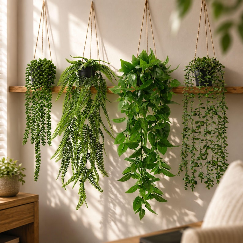 May include: Four hanging planters suspended by twine from a wooden shelf. The plants include a string of pearls, a Boston fern, a pothos with broad green leaves, and a trailing succulent, all potted in black containers against a plain wall.