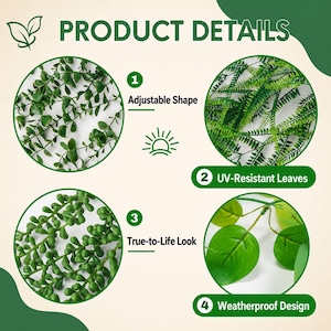 May include: An infographic titled PRODUCT DETAILS featuring four circular images of artificial greenery. The text labels are 1 Adjustable Shape, 2 UV-Resistant Leaves, 3 True-to-Life Look, and 4 Weatherproof Design, accompanied by icons of a leaf and a sun.
