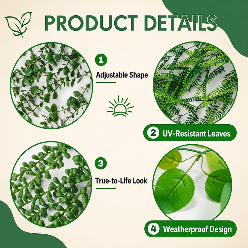 May include: An infographic titled PRODUCT DETAILS featuring four circular images of artificial greenery. The text labels are 1 Adjustable Shape, 2 UV-Resistant Leaves, 3 True-to-Life Look, and 4 Weatherproof Design, accompanied by icons of a leaf and a sun.
