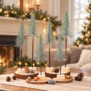 6 Pcs Mini Alpine Christmas Trees, Snow Flocked Tabletop Pine Trees with Wooden Base, Rustic Winter Village Decor, Holiday Centerpiece