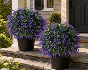 Set of 2 Artificial Boxwood Topiary Balls with Lavender, UV Resistant Faux Shrubs for Porch Planters Outdoor Decor