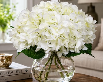 Artificial White Hydrangea Arrangement with Glass Vase, Realistic Silk Hydrangea Flowers with Faux Water for Home Decor
