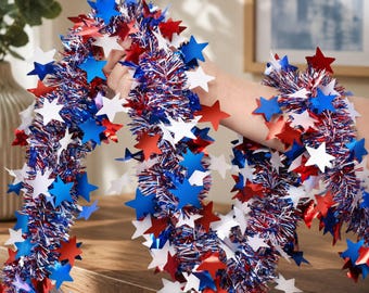4th of July Garland Decorations 50FT Patriotic Tinsel Garland, Red White Blue Star Garland for Golf Cart Parade Float Tree Porch Door Decor