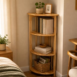 May include: A light-toned wooden corner shelf unit featuring four curved tiers. The top shelf holds a small potted plant and a framed picture. The middle shelves contain several books and a small wooden bowl. A woven basket sits on the bottom shelf.