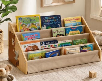 Montessori Toddler Bookshelf | Solid Wood Nursery Book Organizer, Anti-Tip Kids Shelf | Brown Bear Nursery Decor
