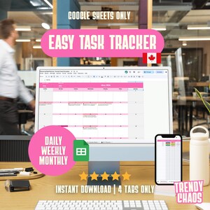Peut inclure: Un écran d'ordinateur affichant un modèle de suivi des tâches rose et blanc. Le texte "EASY TASK TRACKER" est au-dessus de l'écran. Un smartphone affiche le même modèle. Les mots "DAILY WEEKLY MONTHLY" sont dans un cercle rose. Le texte "GOOGLE SHEETS ONLY" est en haut.