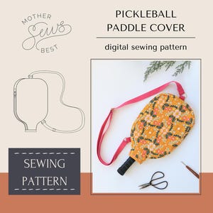 May include: A digital sewing pattern for a pickleball paddle cover. The pattern includes instructions for a cover with a floral print and a pink strap. The pattern is beginner friendly and includes PDF and projector files. The cover fits most paddles.