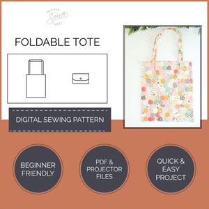 May include: A colorful, patterned tote bag with a matching pouch. The bag features a geometric design in shades of pink, yellow, and blue. The image also includes a diagram and text that reads "Foldable Tote" and "Digital Sewing Pattern."