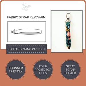 Könnte beinhalten: Stoffband-Schlüsselanhänger mit floralem Muster in Marineblau, Rosa und Gelb. Das Bild enthält eine Zeichnung und den Text "Fabric Strap Keychain" und "Digital Sewing Pattern". Zusätzlicher Text lautet "Beginner Friendly", "PDF & Projector Files" und "Great Scrap Buster".