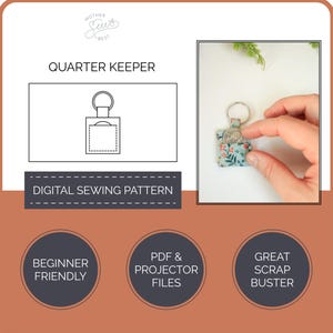 Può includere: Un portamonete in tessuto floreale con un anello d'argento. L'immagine include anche un diagramma e il testo "Quarter Keeper" e "Digital Sewing Pattern". Il testo aggiuntivo include "Beginner Friendly", "PDF & Projector Files" e "Great Scrap Buster".