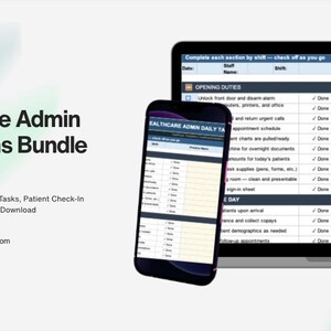 May include: A digital mockup of a healthcare operations bundle, including a laptop and smartphone displaying Excel spreadsheets. The title "Healthcare Admin Operations Bundle" is displayed with the HealthOps Templates logo. The bundle includes daily tasks and patient check-in.