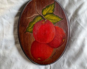 Vintage Oval Wooden Hand Painted Apple Wall Plaque