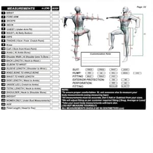 Puede incluir: Una tabla de tallas en blanco y negro titulada "MADE TO MEASURE SIZE CHART" con un diagrama de una persona. La tabla enumera las medidas corporales en cent&iacute;metros, incluyendo mu&ntilde;eca, pecho, caderas y longitud total. Se incluyen instrucciones.