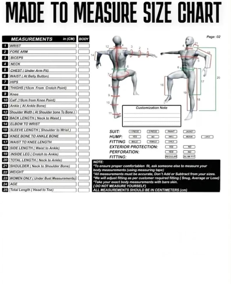 Puede incluir: Una tabla de tallas en blanco y negro titulada "MADE TO MEASURE SIZE CHART" con un diagrama de una persona. La tabla enumera las medidas corporales en cent&iacute;metros, incluyendo mu&ntilde;eca, pecho, caderas y longitud total. Se incluyen instrucciones.