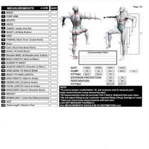 May include: A black and white size chart titled "MADE TO MEASURE SIZE CHART" with a diagram of a person with measurement points. The chart lists body measurements in centimetres, including wrist, chest, hips, and total length. Text includes fitting notes.