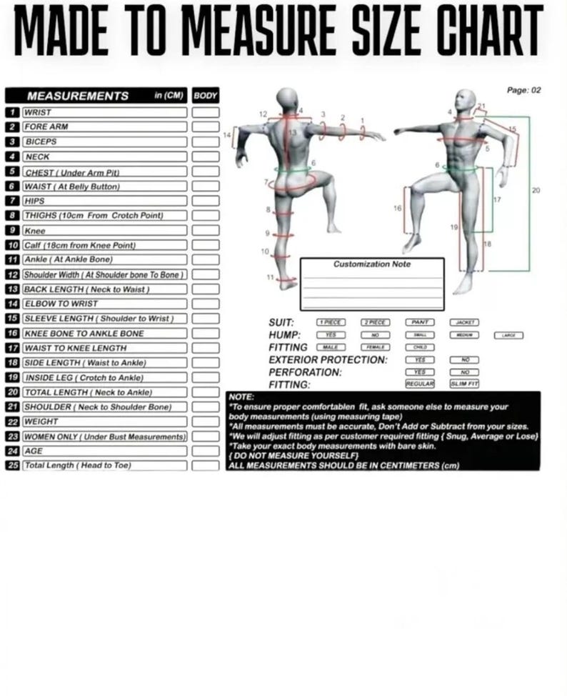 以下が含まれることがあります： 「MADE TO MEASURE SIZE CHART」というタイトルの白黒のサイズチャートで、人の図があります。チャートには、手首、胸、ヒップ、全長など、体の寸法がセンチメートルで記載されています。説明書が含まれています。