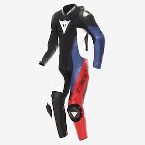 May include: A multi-coloured motorcycle racing suit in black, white, blue, and red. The suit features a white logo on the chest and the word "DAINESE" printed on the leg. It has protective padding on the shoulders and knees.