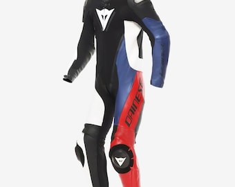 Dainese 1-Piece Leather Motorcycle Racing Suit - Men Track Gear White Blue Red Black