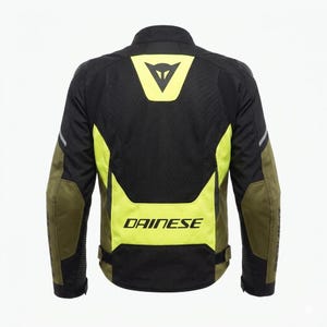 May include: Black and olive green motorcycle jacket with neon yellow accents. The jacket features the brand name "DAINESE" in white lettering and a logo on the back. The jacket has reflective stripes on the sleeves.