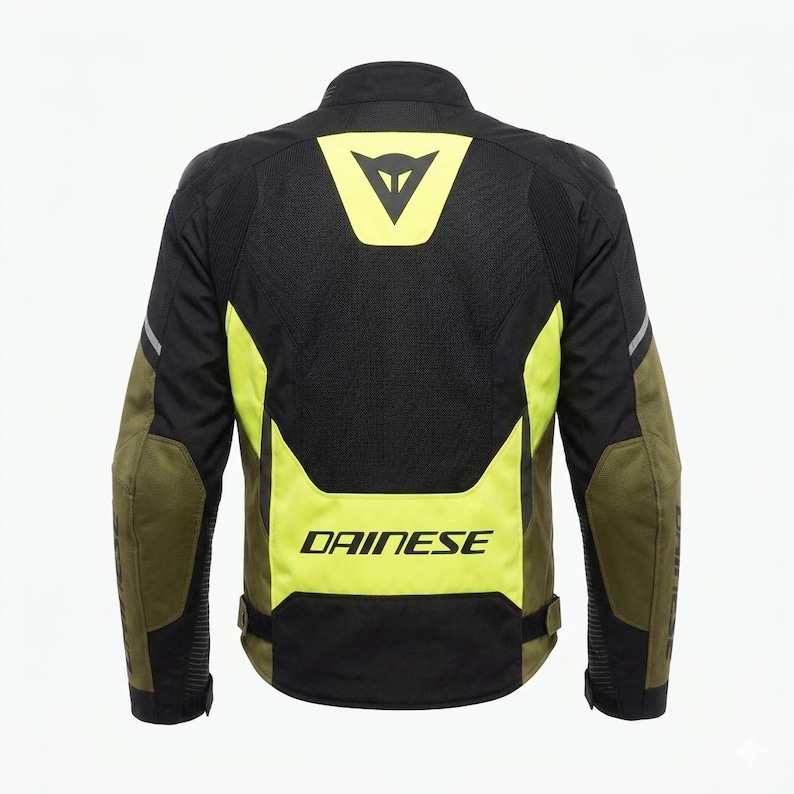 May include: Black and olive green motorcycle jacket with neon yellow accents. The jacket features the brand name "DAINESE" in white lettering and a logo on the back. The jacket has reflective stripes on the sleeves.