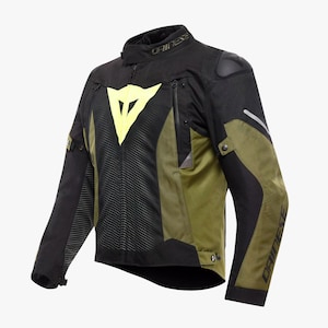 May include: Black and olive green motorcycle jacket with a yellow logo on the chest. The jacket has a stand-up collar, zippered pockets, and reflective accents. The brand name "DAINESE" is visible on the collar and sleeve.